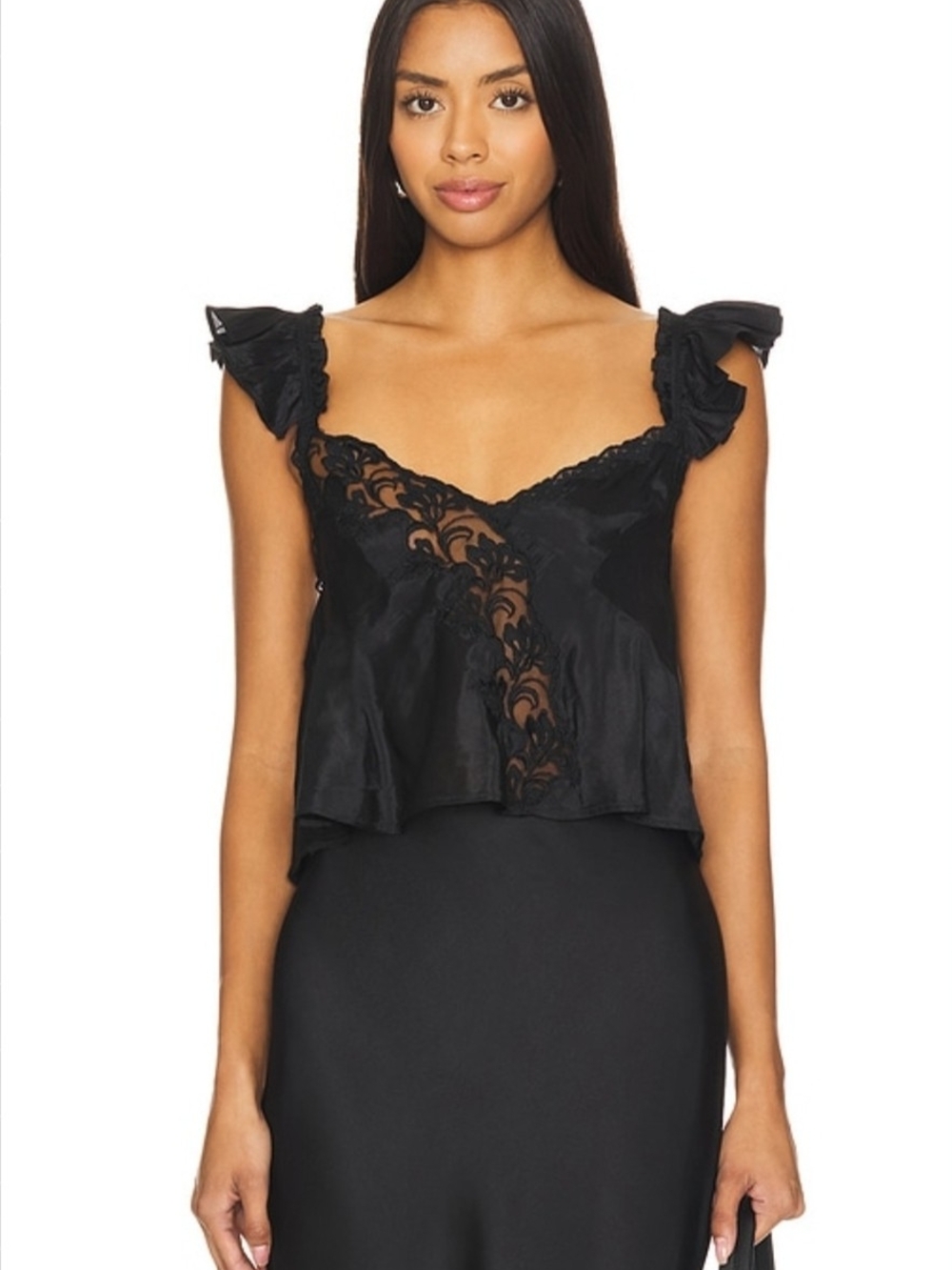 Free People Harmony Satin Black Lace-Trim Ruffled Strap Cami